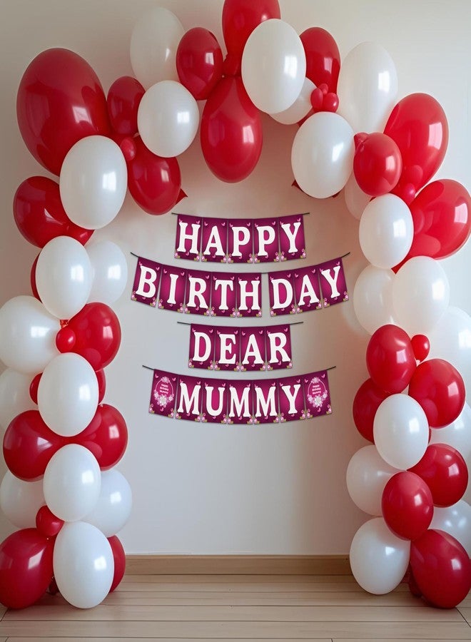 1iAM Happy Birthday Decoration Items For Mother - Pack of 42 | 1pc Magenta & White "HAPPY BIRTHDAY DEAR MUMMY" Paper Banner, 40pcs Balloons & 1pc Arch | Birthday Decoration For Mom, Mummy, Amma, Maa - Image 1